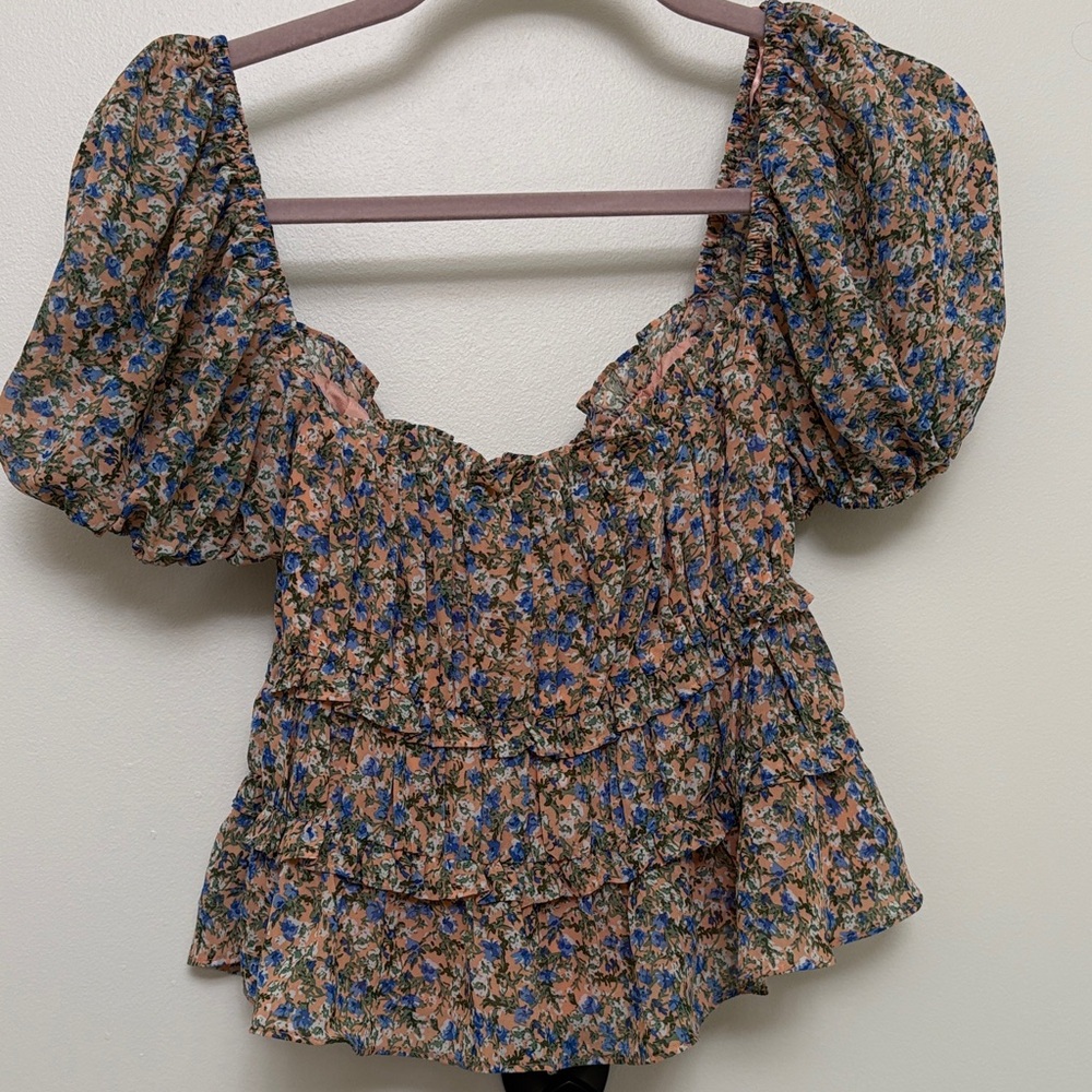 ASTR the Label Floral Puff Sleeve Blouse with Ruffles